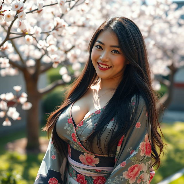 A stunningly beautiful Japanese woman with voluptuous curves, including large breasts that exude a playful and alluring charm