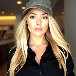 A blonde woman wearing a black shirt that is slightly unbuttoned, accentuating her large breasts