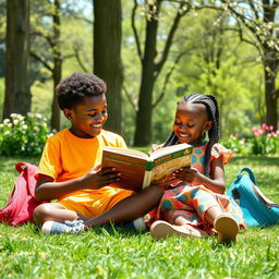 A heartwarming scene of a Black school boy and girl sitting together on the grass in a sunny park, both engrossed in their respective books