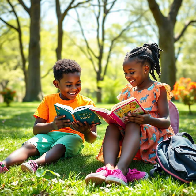 A heartwarming scene of a Black school boy and girl sitting together on the grass in a sunny park, both engrossed in their respective books