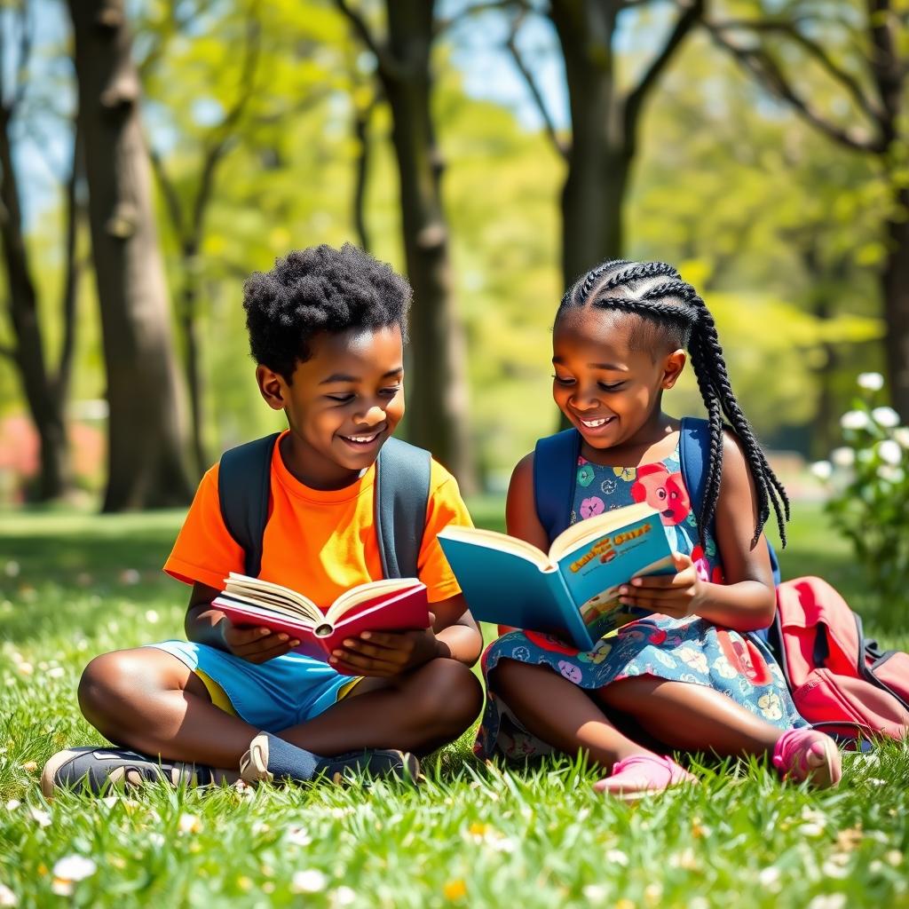 A heartwarming scene of a Black school boy and girl sitting together on the grass in a sunny park, both engrossed in their respective books