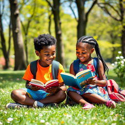 A heartwarming scene of a Black school boy and girl sitting together on the grass in a sunny park, both engrossed in their respective books