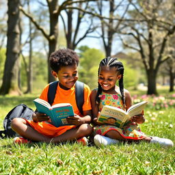 A heartwarming scene of a Black school boy and girl sitting together on the grass in a sunny park, both engrossed in their respective books