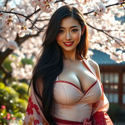 A captivatingly beautiful Japanese woman with voluptuous breasts, emanating a flirtatious charm