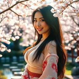 A captivatingly beautiful Japanese woman with voluptuous breasts, emanating a flirtatious charm