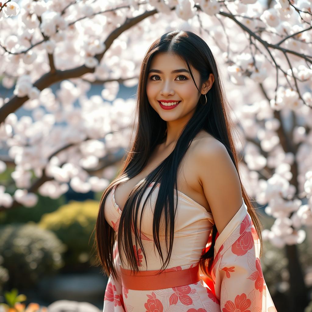 A captivatingly beautiful Japanese woman with voluptuous breasts, emanating a flirtatious charm