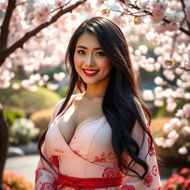 A captivatingly beautiful Japanese woman with voluptuous breasts, emanating a flirtatious charm