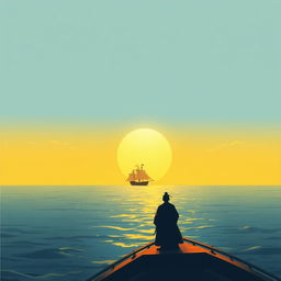 A peaceful sea background with a small distant ship, under a golden sky indicating a serene yet nostalgic ending