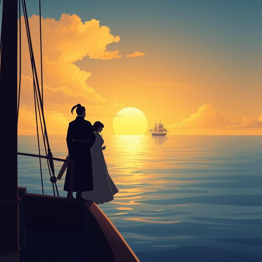 A peaceful sea background with a small distant ship, under a golden sky indicating a serene yet nostalgic ending