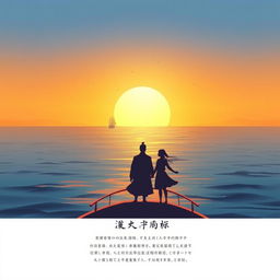 A peaceful sea background with a small distant ship, under a golden sky indicating a serene yet nostalgic ending
