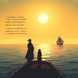 A peaceful sea background with a small distant ship, under a golden sky indicating a serene yet nostalgic ending