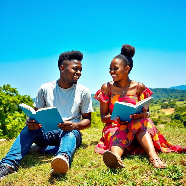 A vibrant scene of a Black African teenage boy and girl sitting on a grassy hilltop, both reading books under a bright blue sky