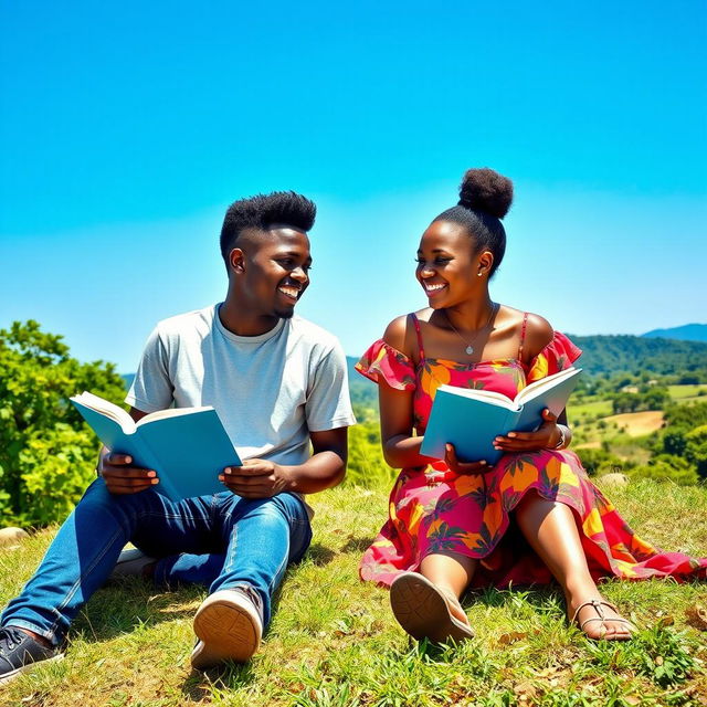 A vibrant scene of a Black African teenage boy and girl sitting on a grassy hilltop, both reading books under a bright blue sky