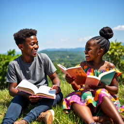 A vibrant scene of a Black African teenage boy and girl sitting on a grassy hilltop, both reading books under a bright blue sky