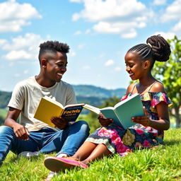 A vibrant scene of a Black African teenage boy and girl sitting on a grassy hilltop, both reading books under a bright blue sky