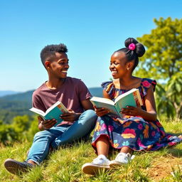 A vibrant scene of a Black African teenage boy and girl sitting on a grassy hilltop, both reading books under a bright blue sky