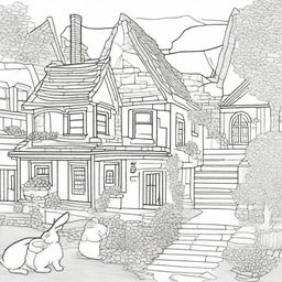 Create a coloring page featuring an Easter Bunny in a charming small town