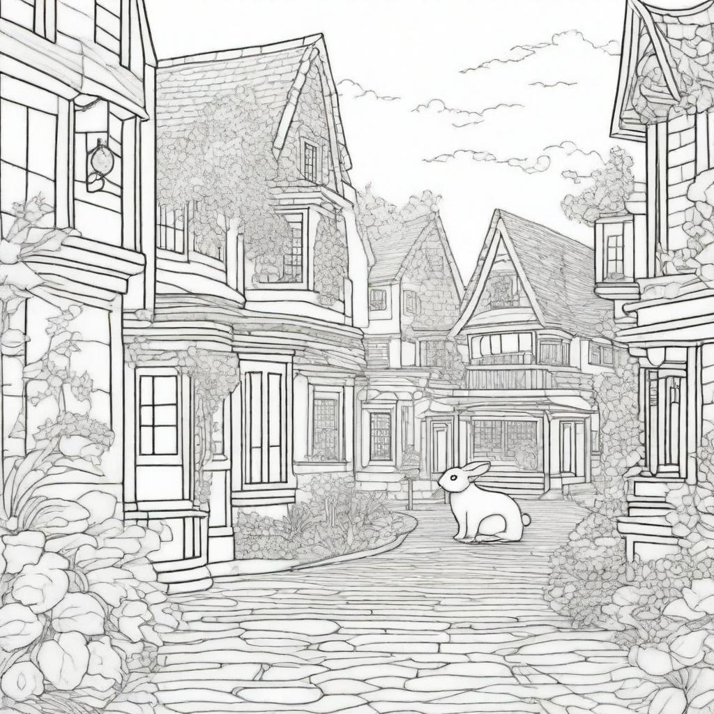 Create a coloring page featuring an Easter Bunny in a charming small town