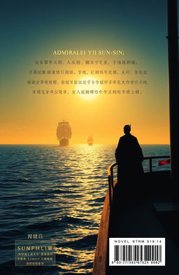 A novel back cover design featuring a serene ocean with a small ship visible in the distance
