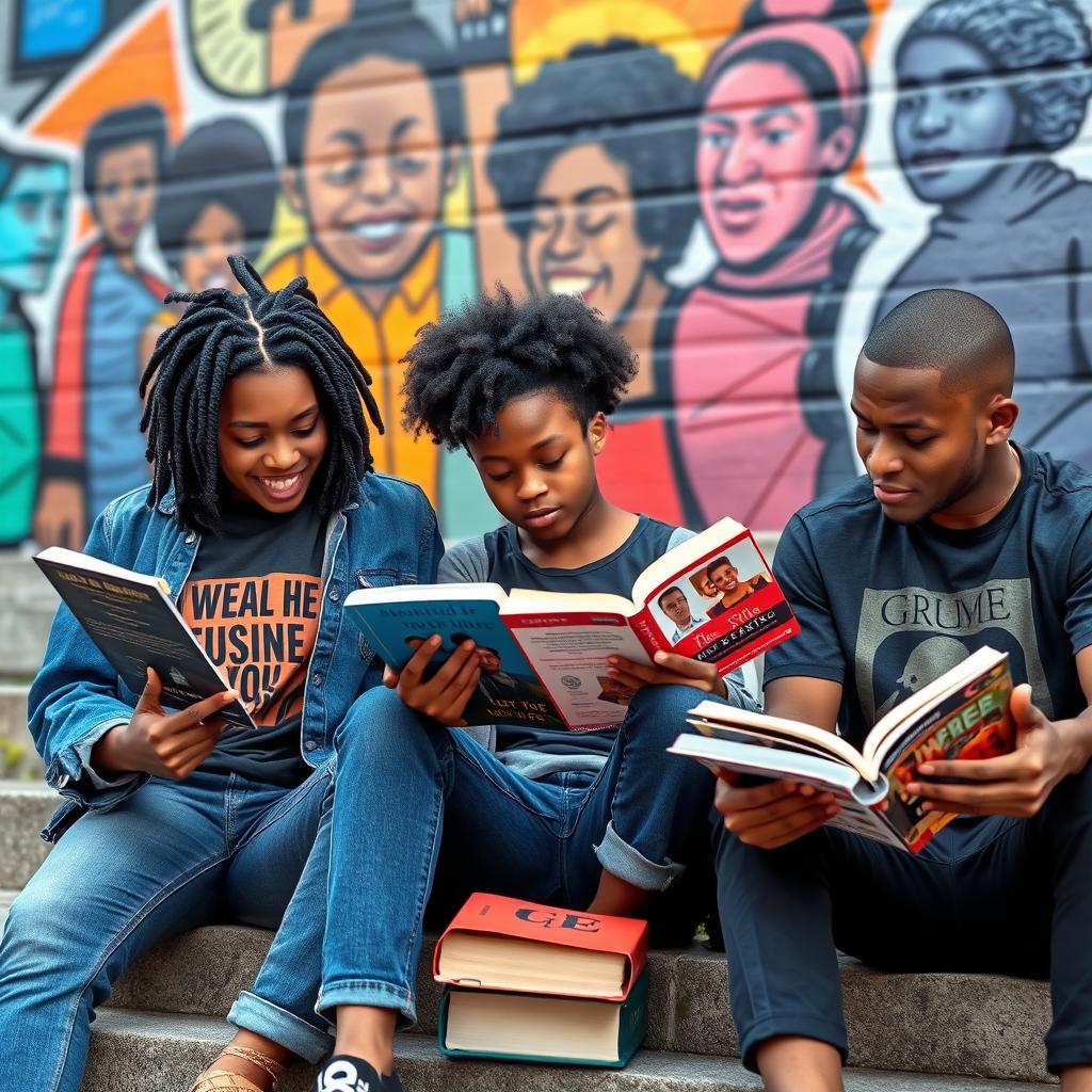 A dynamic scene featuring a group of young Black activists, two teenage boys and a teenage girl, passionately reading and discussing various books related to social justice and activism