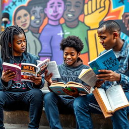 A dynamic scene featuring a group of young Black activists, two teenage boys and a teenage girl, passionately reading and discussing various books related to social justice and activism
