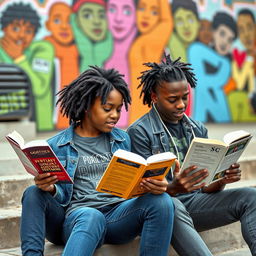 A dynamic scene featuring a group of young Black activists, two teenage boys and a teenage girl, passionately reading and discussing various books related to social justice and activism