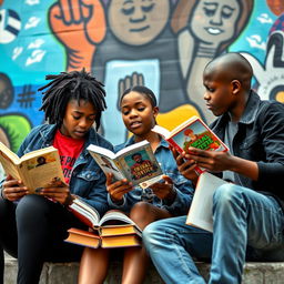 A dynamic scene featuring a group of young Black activists, two teenage boys and a teenage girl, passionately reading and discussing various books related to social justice and activism
