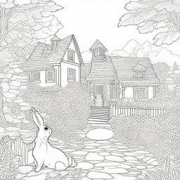 Create a coloring page featuring an Easter Bunny in a charming small town