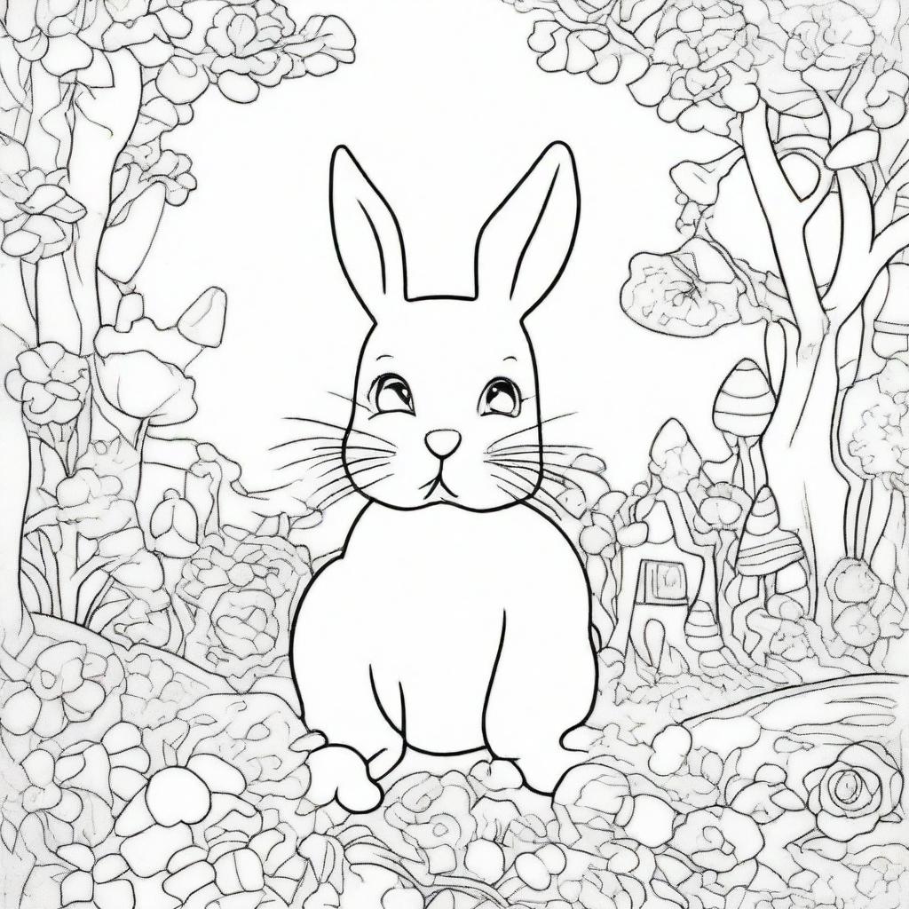 Craft a coloring page featuring the Easter Bunny in a whimsical Wonderland setting