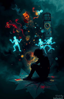 An abstract representation of a person trapped within their own mind, surrounded by swirling thoughts and tangled emotions