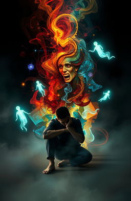 An abstract representation of a person trapped within their own mind, surrounded by swirling thoughts and tangled emotions
