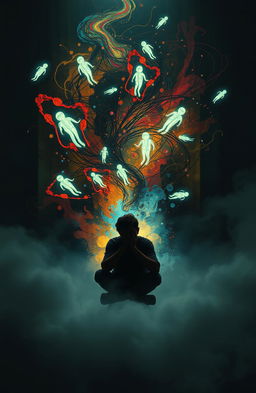 An abstract representation of a person trapped within their own mind, surrounded by swirling thoughts and tangled emotions