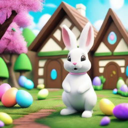 Render an image of the Easter Bunny situated in a magical village