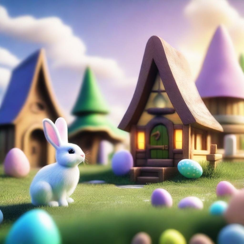 Render an image of the Easter Bunny situated in a magical village