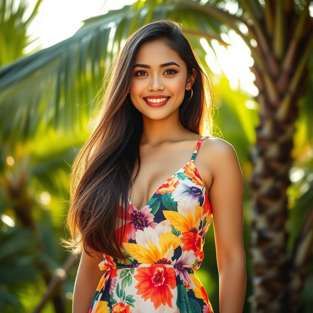 A beautiful Filipina woman with large breasts, wearing a stylish and colorful summer dress, stands against a lush tropical backdrop with palm trees