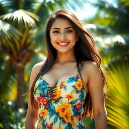 A beautiful Filipina woman with large breasts, wearing a stylish and colorful summer dress, stands against a lush tropical backdrop with palm trees