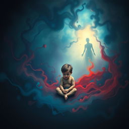 A surreal and emotional representation of a young child sitting in a dark, abstract space, surrounded by vivid colors and chaotic shapes that symbolize confusion and the struggles of mental entrapment
