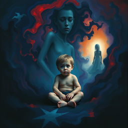 A surreal and emotional representation of a young child sitting in a dark, abstract space, surrounded by vivid colors and chaotic shapes that symbolize confusion and the struggles of mental entrapment
