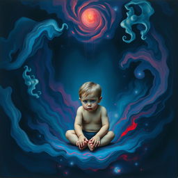 A surreal and emotional representation of a young child sitting in a dark, abstract space, surrounded by vivid colors and chaotic shapes that symbolize confusion and the struggles of mental entrapment