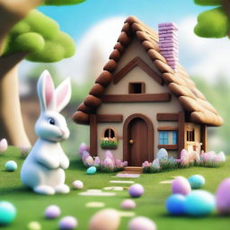 Render an image of the Easter Bunny situated in a magical village