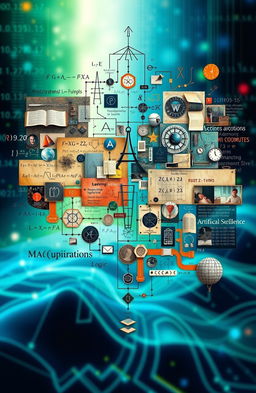 A detailed representation of the intersection between mathematics and computer science, showcasing various mathematical concepts like algorithms, graphs, and logic, integrated with computer science elements such as programming, data structures, and artificial intelligence