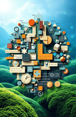 A detailed representation of the intersection between mathematics and computer science, showcasing various mathematical concepts like algorithms, graphs, and logic, integrated with computer science elements such as programming, data structures, and artificial intelligence