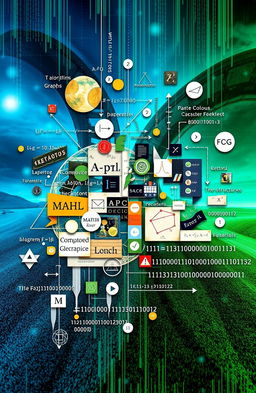 A detailed representation of the intersection between mathematics and computer science, showcasing various mathematical concepts like algorithms, graphs, and logic, integrated with computer science elements such as programming, data structures, and artificial intelligence