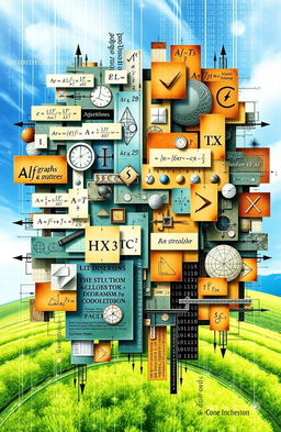 A detailed representation of the intersection between mathematics and computer science, showcasing various mathematical concepts like algorithms, graphs, and logic, integrated with computer science elements such as programming, data structures, and artificial intelligence