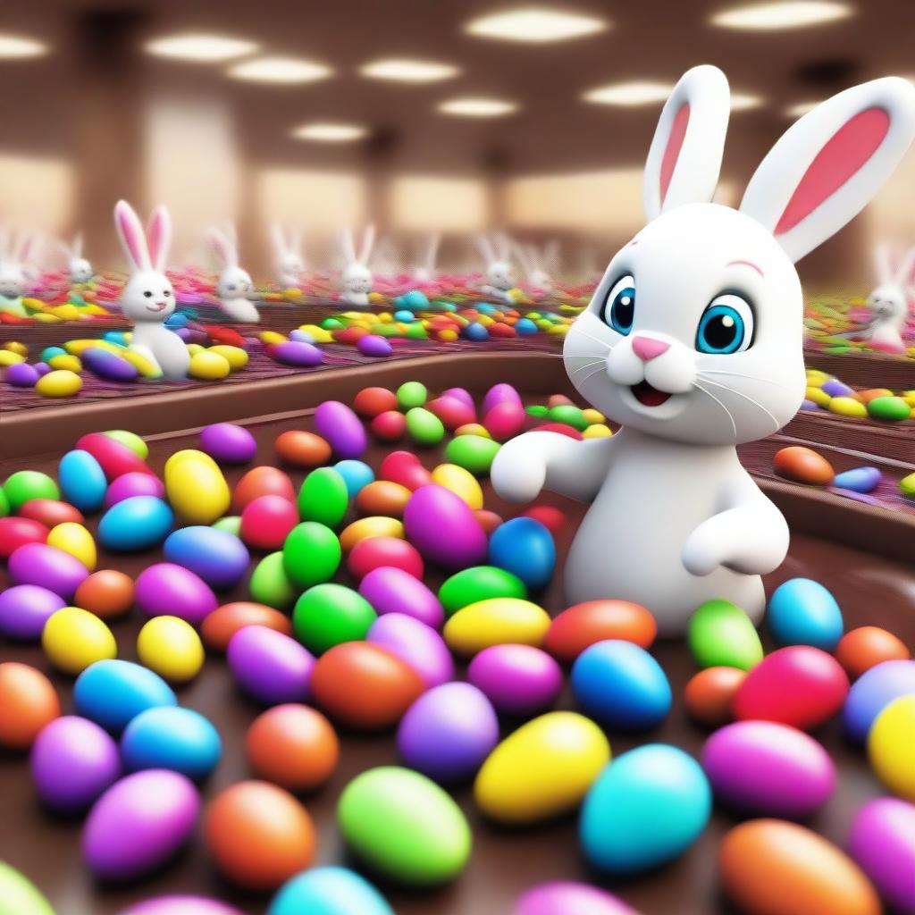 Craft an image of the Easter Bunny in a bustling chocolate factory