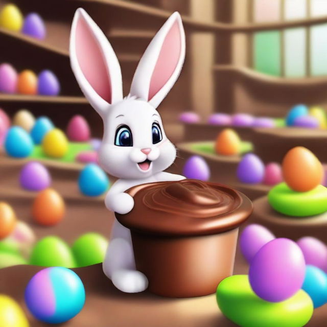 Craft an image of the Easter Bunny in a bustling chocolate factory