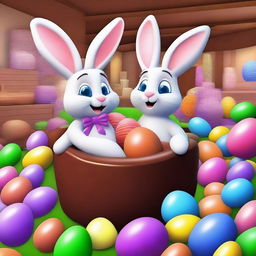 Craft an image of the Easter Bunny in a bustling chocolate factory