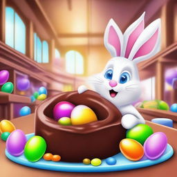 Craft an image of the Easter Bunny in a bustling chocolate factory