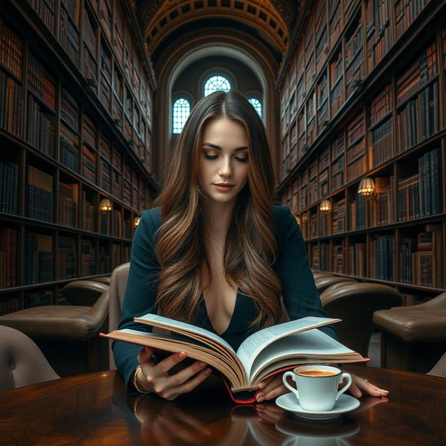 A sexy lady with long bronze hair, elegantly styled, sitting in a large, sophisticated library surrounded by high bookshelves filled with countless volumes