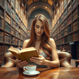 A sexy lady with long bronze hair, elegantly styled, sitting in a large, sophisticated library surrounded by high bookshelves filled with countless volumes